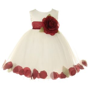 Baby-Blumenmädchenkleid aus Satin und Tüll mit Blütenblättern – Elfenbein/Burgunderrot, 6–24 Monate