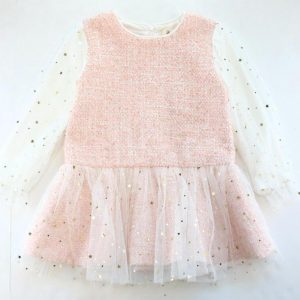 Rosa langärmeliges Tweedkleid mit Sternen-Mesh