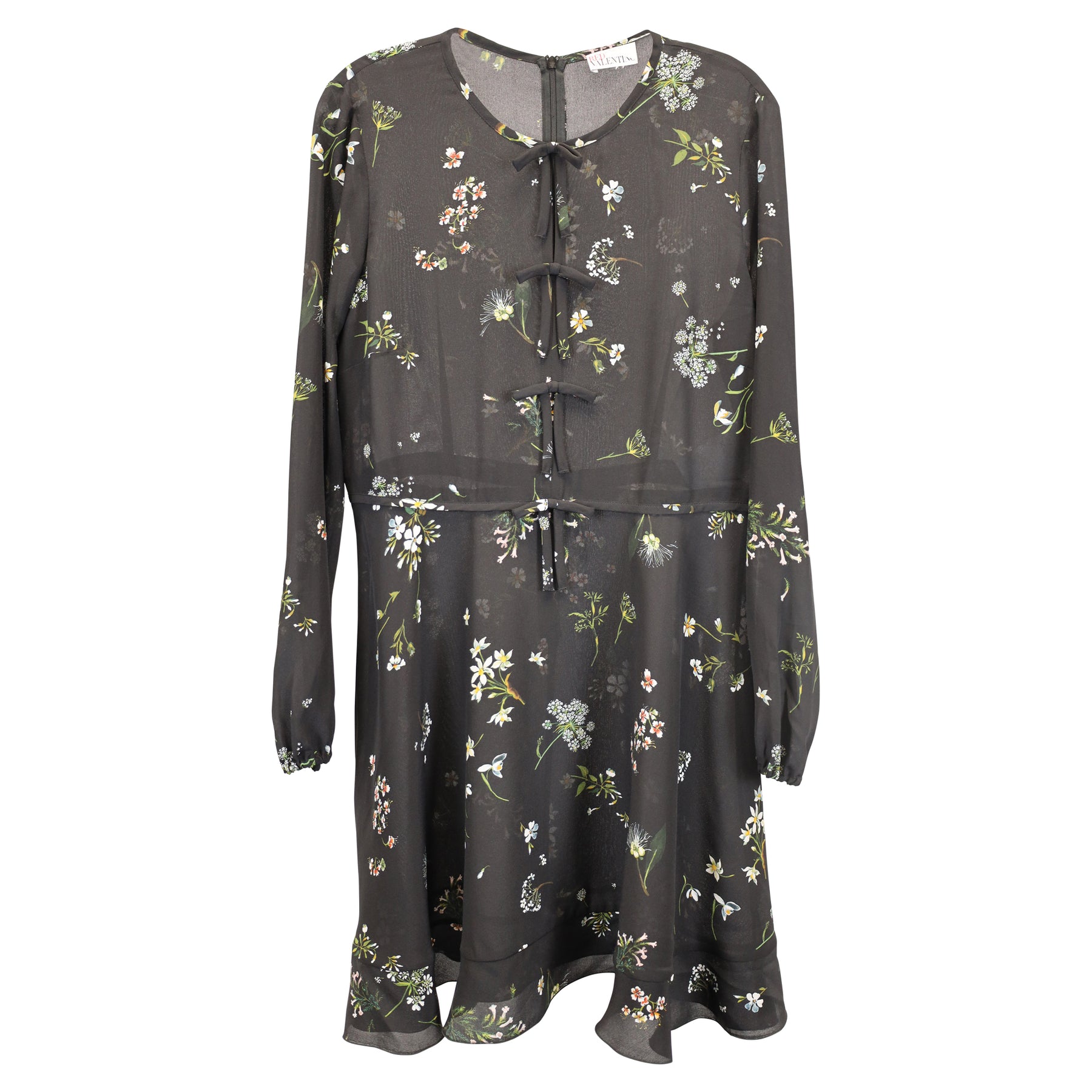 Red Valentino langärmeliges Kleid aus Seidenchiffon mit Blumenmuster – Schwarz, 7733643051068