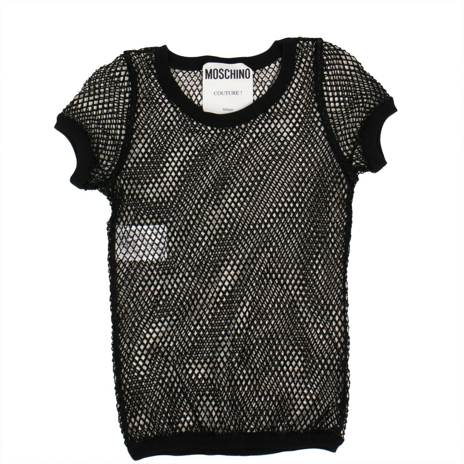 MOSCHINO Oberteil – Kurzarm, Damen, Netzstruktur, Baumwolle, Schwarz
