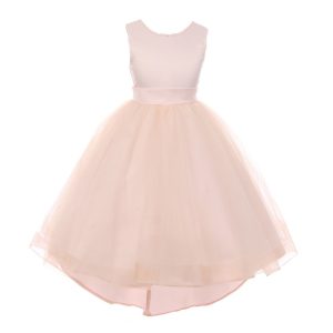 RainKids altrosa Blumenmädchenkleid aus Satin und Tüll mit Perlen und Vokuhila-Saum, Größen 2–6