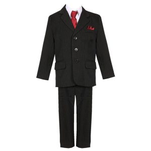 Schwarzer fünfteiliger Jungen-Festanzug mit Nadelstreifen, Weste, Jacke und Hose, Größen 2–7
