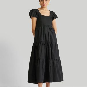 Maxikleid – Puffärmel, mehrstufig, Schwarz