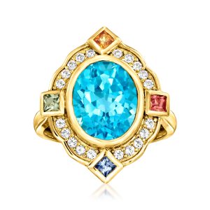 Ross-Simons Ring mit Swiss-Blue-Topas und verschiedenen Edelsteinen aus mit 18 kt Gold vergoldetem Sterlingsilber