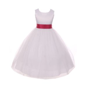 Weiß-fuchsiafarbenes Kleid für junge Brautjungfern mit Satinbindegürtel und Schleife, Größen 8–14
