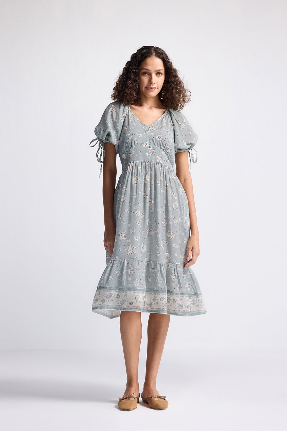 Midikleid mit Puffärmeln – Salbeigrün