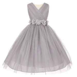 Silberfarbenes Blumenmädchenkleid aus glänzendem Tüll mit Chiffon-Blumenbindegürtel, Größen 2–6