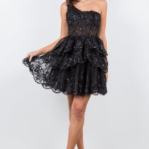 One-Shoulder-Cocktailkleid aus Spitze mit gestuftem Rock für Damen, Größen 4/XS–16/3X