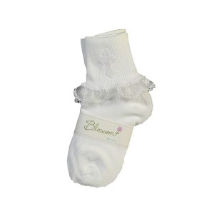 Weiße Baby-Mädchen-Taufsocken mit gesticktem Kreuz, 0–6 Monate