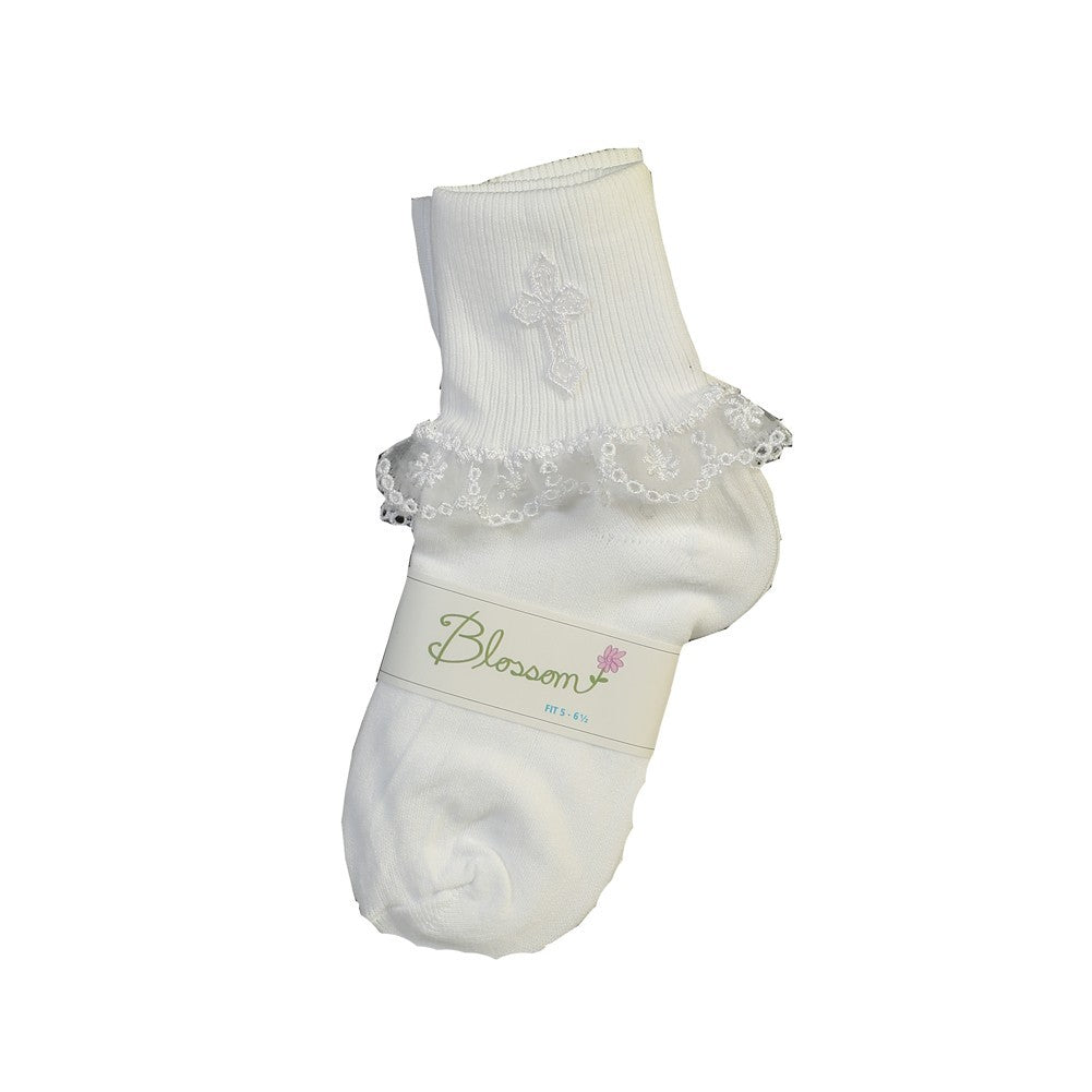 Weiße Baby-Mädchen-Taufsocken mit gesticktem Kreuz, 0–6 Monate