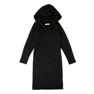 Schwarzes langärmeliges Damen-Baumwoll-Midikleid mit Kapuze