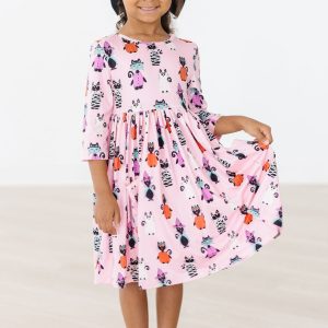 Purr-fectly Spooky Kleid mit schwingendem Rock – 3/4-Ärmel, Taschen