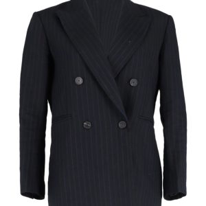 Sandro Paris Zweireihiger Blazer – Baumwolle, Streifenmuster, Marineblau, Blau