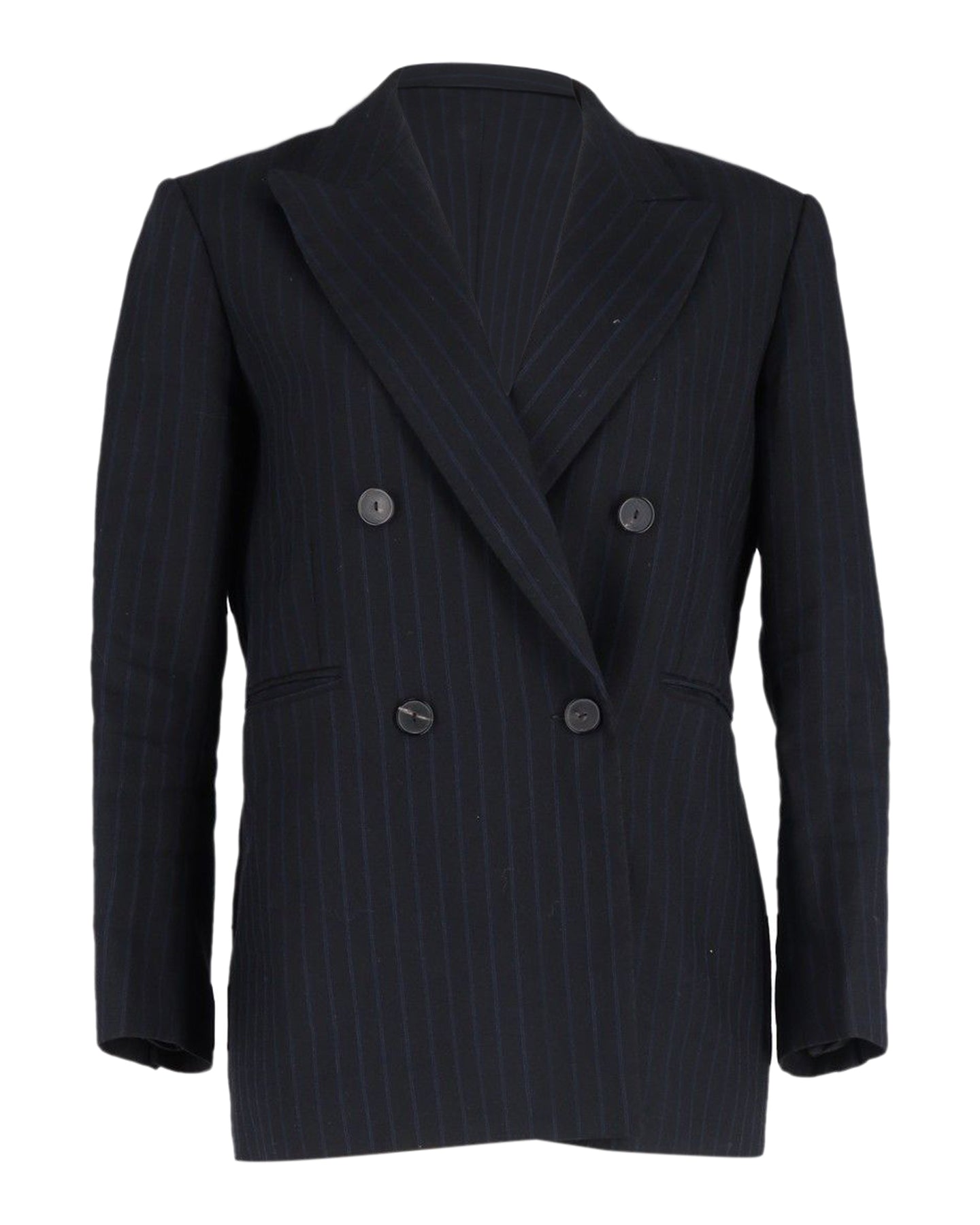 Sandro Paris Zweireihiger Blazer – Baumwolle, Streifenmuster, Marineblau, Blau
