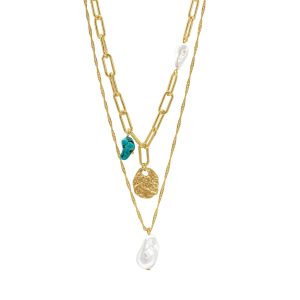 Pendants Halskette – mit 14-karätiger Vergoldung, Türkisstein, mehrlagig, Perlen