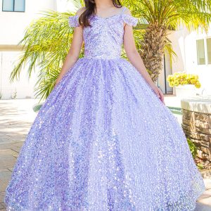Schulterfreies Mädchen-Ballkleid aus Glitzertüll mit Regenbogenpailletten und kurzer Schleppe, Größe 8