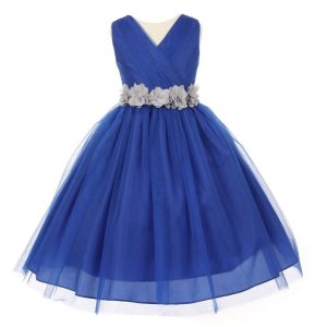 Royalblau-silberfarbenes Blumenmädchenkleid aus Tüll mit Chiffon-Blumenbindegürtel, Größen 2–6