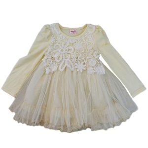 Elfenbeinfarbenes Mädchen-Langarmkleid mit Spitzenüberzug, S (9–24 M)–XL (6–8)