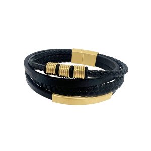 Schwarzes mehrreihiges Lederarmband mit 14-K-Vergoldung und Magnetverschluss