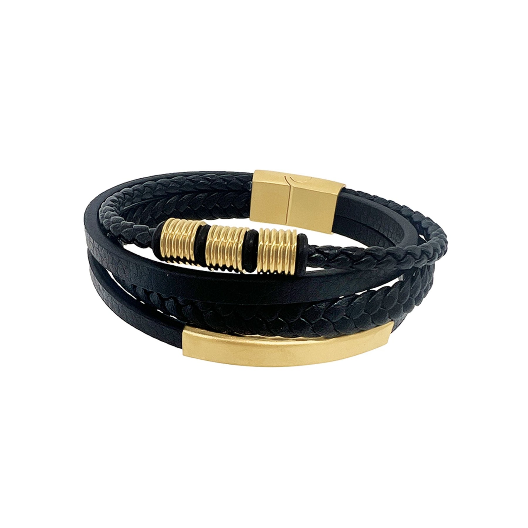 Schwarzes mehrreihiges Lederarmband mit 14-K-Vergoldung und Magnetverschluss