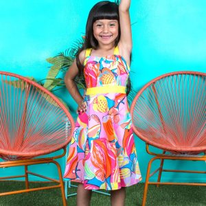 Mädchen-Baumwollkleid im Pin-up-Stil mit tropischem Fischprint und Taschen, Größen 2–14