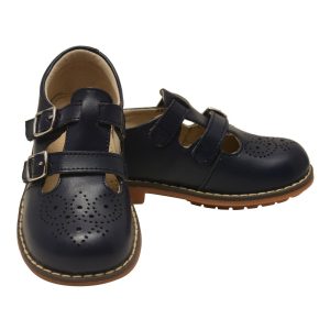Marineblaue Unisex-Leder-Mary-Jane-Schuhe mit doppeltem T-Riemen und Schnallen, Kleinkindgröße 5 bis Kindergröße 2