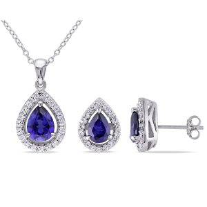 Mimi & Max Set aus Halskette und Ohrringen mit synthetischen blauen und weißen Saphiren aus Sterlingsilber, 4 7/8 ct TGW