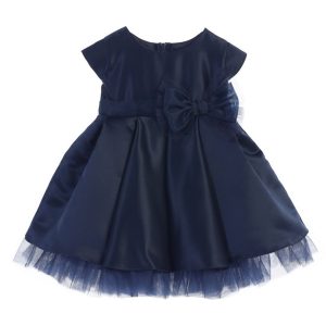 Baby-Weihnachtskleid aus Satin mit Faltenrock und Schleifenverzierung – Marineblau, Größen 6–24M