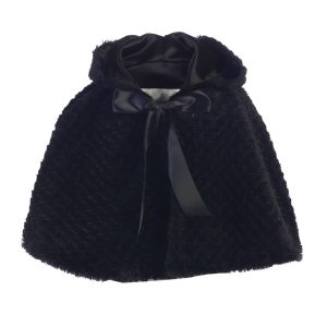 Schwarzes Kunstfell-Cape für kleine Mädchen mit Kapuze, Banddetail und Wirbelstruktur – 2T–6