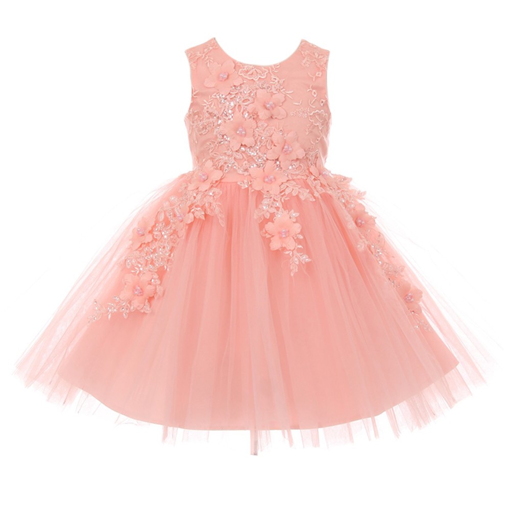 Blumenmädchenkleid aus weichem Tüll mit 3D-Blumenapplikationen, Größen 2–12
