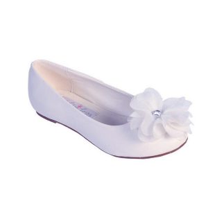 Weiße Mädchen-Chiffonballerinas mit Strass und großer Blume, Kindergrößen 11–13