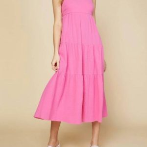 Maxikleid – überkreuzte Rückenriemen, mehrstufig, Rosa