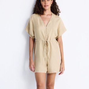 Kurzer Jumpsuit mit V-Ausschnitt und Tunnelzug – Beige