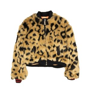 Braune Kunstfelljacke mit Leopardenmuster und mehreren Grafiken