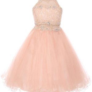 Altrosa Kleid für junge Brautjungfern aus Spitze und Tüll mit Neckholder und Strass, Größen 8–20