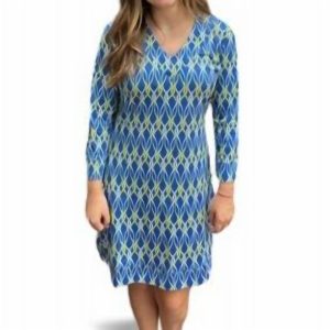 Vneck Kleid – Wirbelmuster, Gelb, Blau