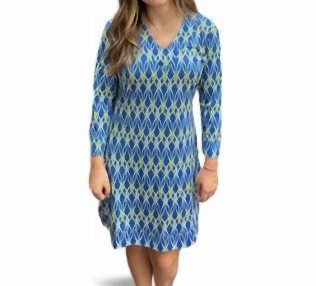 Vneck Kleid – Wirbelmuster, Gelb, Blau