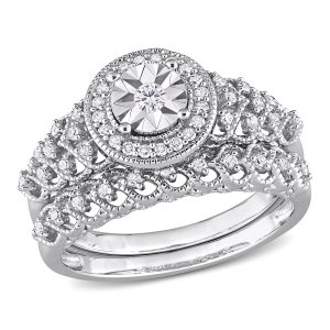 Mimi & Max 1/3ct TDW Brautring-Set – Sterlingsilber, Diamant, Halo-Besatz