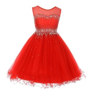 Rotes formelles Mädchen-Partykleid aus Tüll mit transparenten Details und funkelndem Strass, Größen 4–6