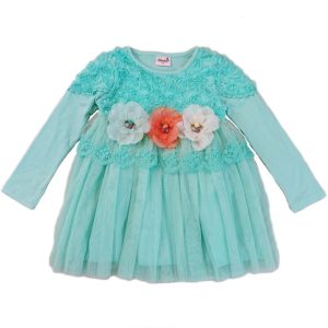 Petrolfarbenes Mädchenkleid mit 3-D-Blumen und Spitzenverzierung, S (9–24 M)–XL (6–8)