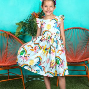 Blaues Mädchen-Baumwollkleid mit Einhornprint und Schmetterlingsärmeln, Größen 2–14