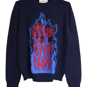 Lanvin Strickpullover mit Flame-Slogan als Intarsie aus marineblauer Wolle
