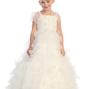 Festliches Mädchenkleid mit Spitzenoberteil, Organzajacke und Rüschen – Größen 2–12