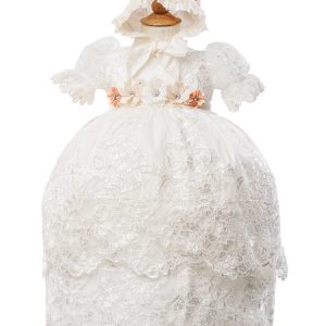 Elfenbeinfarbenes dreiteiliges Baby-Mädchen-Taufkleid-Set mit Puffärmeln und Stirnband, 6–12 Monate
