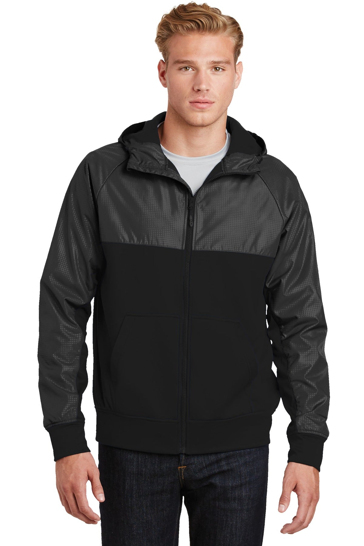 Sport-Tek Hybrid JST50 Kapuzenjacke – durchgehender Reißverschluss, geprägt, Herren
