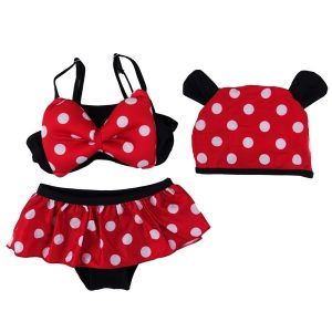 Schwarz-roter Mädchen-Bikini mit Punkten und Mickey-Badekappe, Größen 2T–7