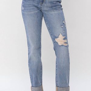 Boyfriend-Jeans mit mittelhohem Bund und Used-Effekt in mittlerer Waschung