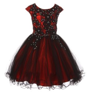 Rot-schwarzes Blumenmädchenkleid aus bestickter Spitze mit Strass, Größen 4–6
