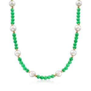 Ross-Simons Halskette mit 9–10 mm Zuchtperlen, 6 mm Jadeperlen und 18-karätig vergoldetem Sterlingsilber