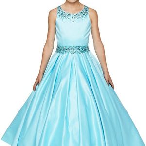 Aquafarbenes schimmerndes Blumenmädchenkleid aus mattem Satin mit Perlenbesatz und Falten, Größen 4–6